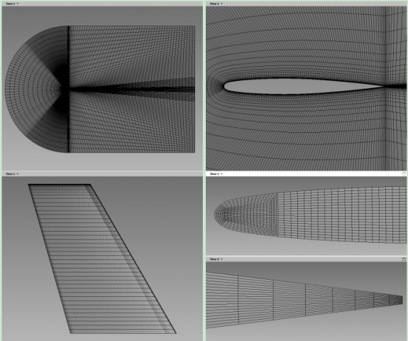 Upp er left: symmetric plane mesh, upp er right: symm etric plane mesh zo omed at the wing ro ot, lo ...